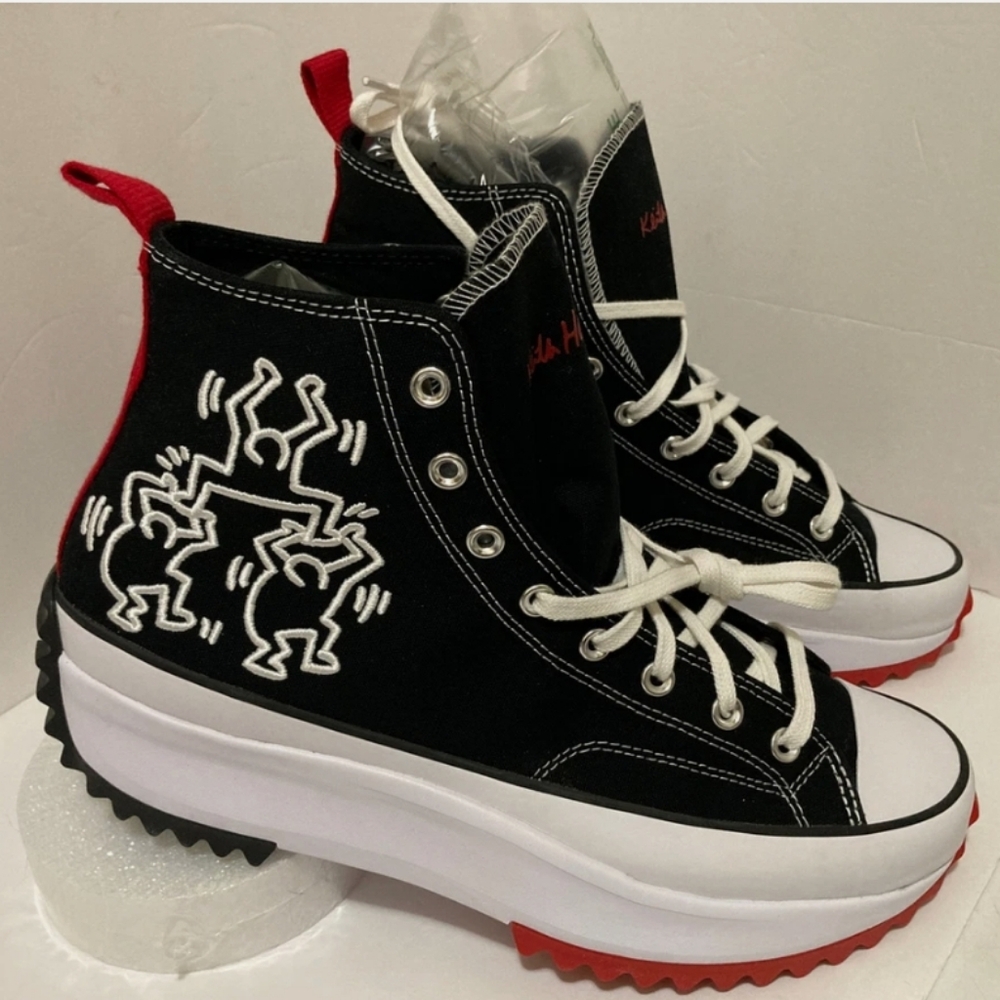 Converse X Keith Haring Women's Black and Red High-Top Sneakers